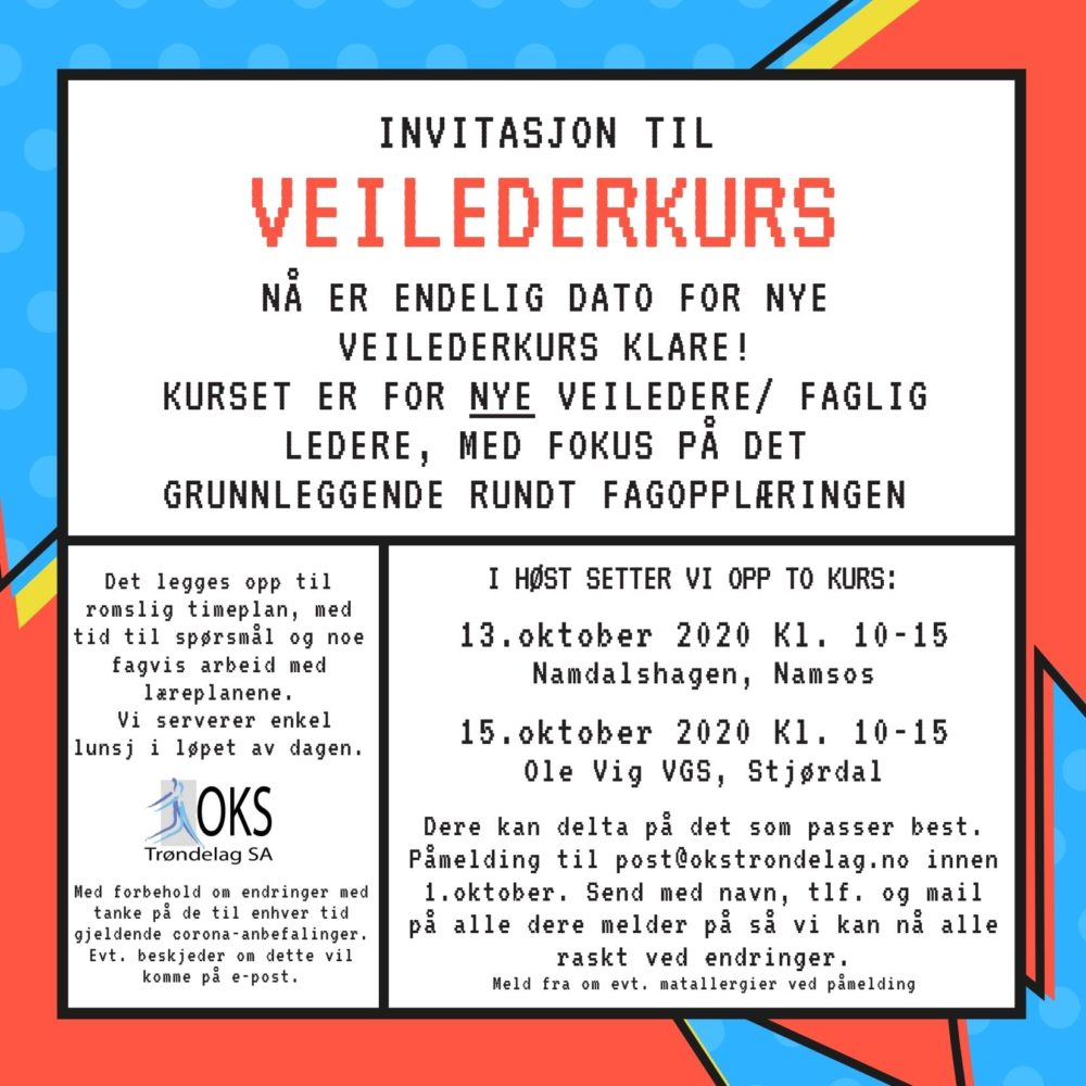 Veilederkurs 13. og 15. oktober kl. 19-15. Namsos / Stjørdal.
Send påmelding til post@okstrondelag.no